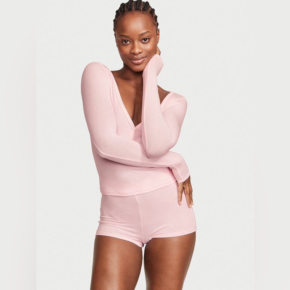 Victoria’s Secret Ribbed Modal Henley Short Set in light pink